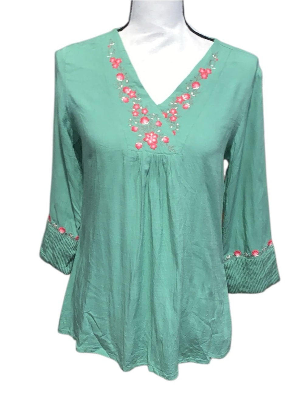 Global Desi Green Embroidered V-Neck Women’s Shirt 3/4 Sleeves